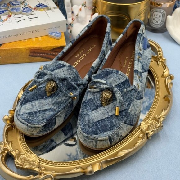 🆕 KURT GEIGER LONDON 🧿 NWOT Eagle Moccasins, Denim Patchwork Sz EU37 US 7 - Picture 11 of 16